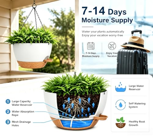 2 Pack 10 Inch Self Watering Hanging Planters for Indoor Plants, Large White Brown Plastic Hanging Pots with Chains for Outdoor Patio Garden Home Decor (White Brown) - color: White Brown, size: 2 pack 10 inches