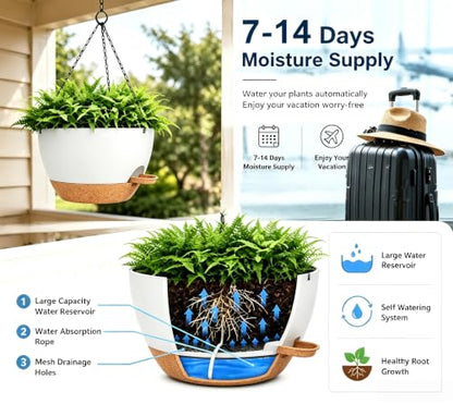 12" Self Watering Hanging Planters with Chains, White Brown, 2 Pack - color: White Brown, size: 2 pack 12 inches
