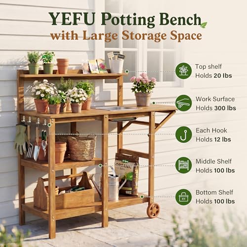 YEFU Potting Bench with Sink, All-Weather Resistant,Teak - color: Teak, size: Premium