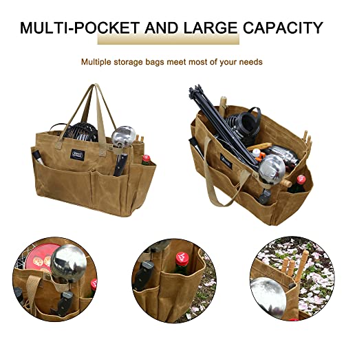 Portable Garden Camping Tool Storage Bag,Waxed Canvas Firewood Carrier Tote bag,Collapsible Sturdy Garden Basket Great for Women, Gardener, Electrician, Repairer (Khaki) - color: Khaki