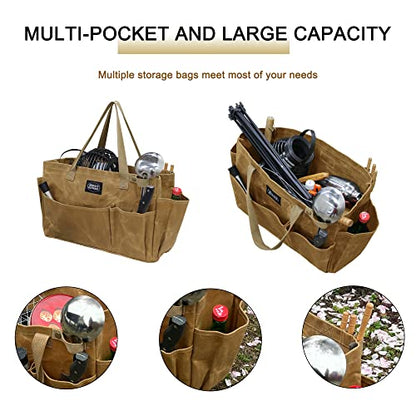 Portable Garden Camping Tool Storage Bag,Waxed Canvas Firewood Carrier Tote bag,Collapsible Sturdy Garden Basket Great for Women, Gardener, Electrician, Repairer (Khaki) - color: Khaki