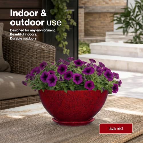 Rosie Planter Bowl, with Drainage and Saucer, 10” Lava Red - color: Lava Red