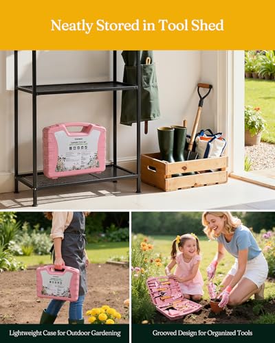 Grenebo 12-Piece Gardening Tool Set, Heavy-Duty Garden Tools for Women - color: Pink