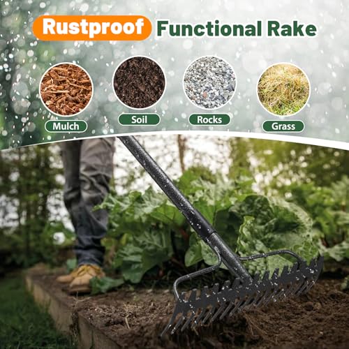 Garden Rake, 63 Inch Long Handle with 17 Tongs, Heavy Duty Metal Bow Rake for Loosening Leveling Soil, Garden Leaf Rake for Raking Leaves Grass , Weeding, Metal Yard Thatch Lawn Care Garden Tool - style: 63"