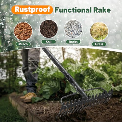 Rake, 17 Tines with 49 Inch Handle, 17 Inch Wide Heavy Duty Garden Thatch Leaf Rake for Raking Leaf Loosening Soil Gathering Mulch Leveling Rocks, Rustproof Metal Bow Rakes for Leaves Grass - style: 49"