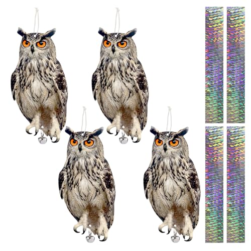 4PCS Hanging Effective Fake Owl Control Device Dual-Side Outdoors Owl with Reflective Tape for Patio Yard Outdoor Front Porch Backyard Windows - color: 4 Light Grey Owl