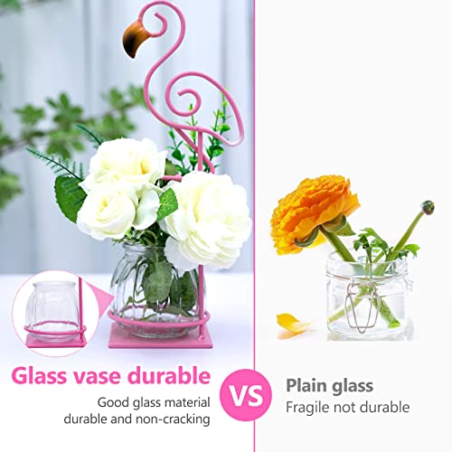 Tabletop Pink Flamingo Planter Propagation Station, Glass Vase Metal Stand - color: Pink Flamingo