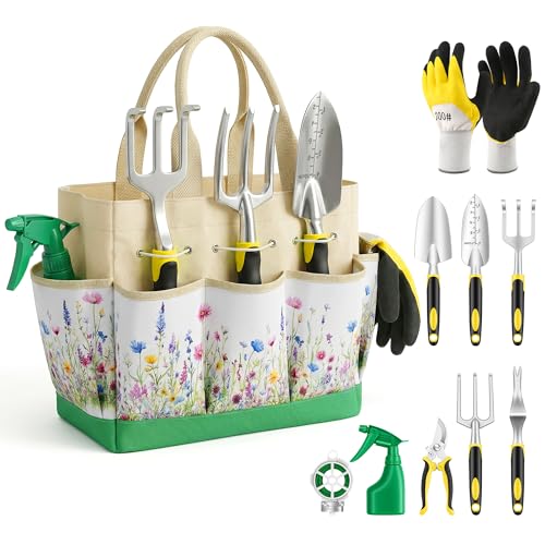 Gardening Tools 10-Piece, Heavy Duty Garden Tool Set with Fashion and Durable Garden Tools Organizer Handbag, Rust-Proof Gardening Hand Tools Weeding Kit, Ideal Gardening Gifts for Women - color: Yellow