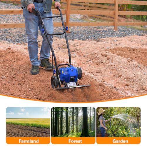 BILT HARD 46cc 4-Cycle 1.9HP Gas Powered Tiller Cultivator - 16" Heavy-Duty Steel Tines Rototiller, Adjustable Wheels & Cushioned Handle Grips for Plowing, Tilling, Weeding in Garden, Farm