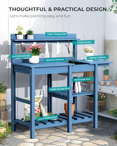 SERWALL Outdoor Potting Bench with Removable Sink,Gardening Table,Blue - color: Blue, size: Classic