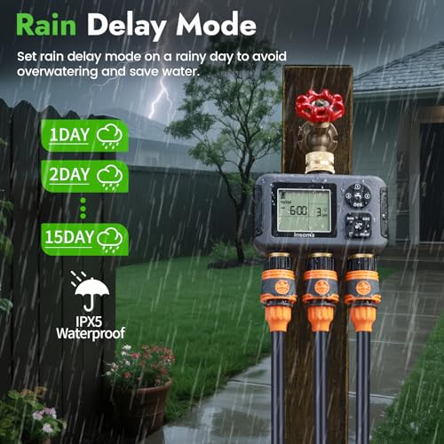 Insoma Water Timer with Brass Inlet, 3 Independent Zones Outdoor Hose Timer for Garden Faucet with Auto/Manual/Rain Delay Mode, IPX5 Waterproof, Sprinkler Irrigation Controller for Yard Lawn - size: 3-Zones-TT