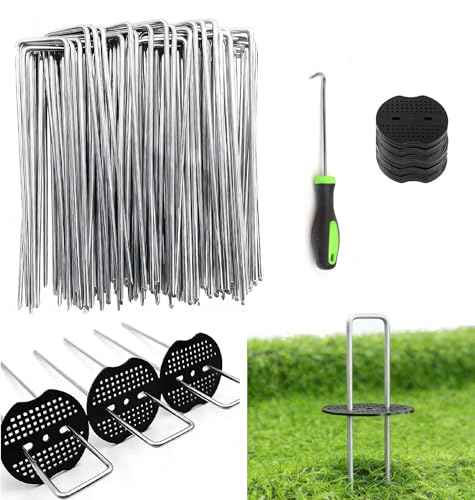10 Inch 50 PCS Galvanized Landscape Staples with 50 PCS Gasket, Landscape Fabric Pins Stakes Lawn Ground Cover Graden Staples Spikes Weed Barrier Stakes - size: 10" 50 Pack