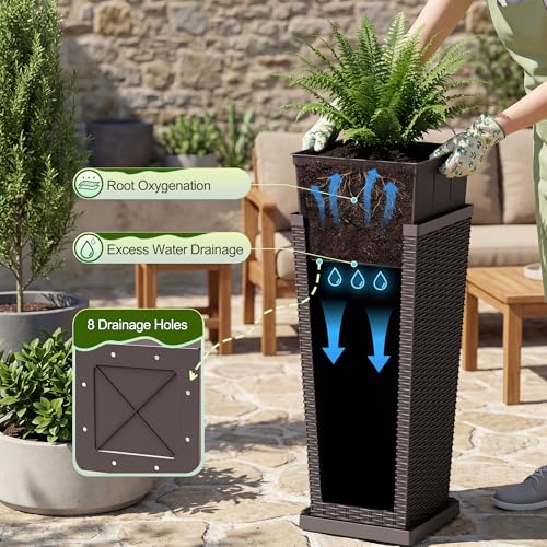 Devoko Resin 30'' Tall Planters, Large Taper Outdoor Planter - color: Brown, size: 30" With Trays