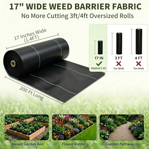 EXTRAEASY 17 in (1.4 ft) x 200 ft Landscape Fabric Weed Barrier, 3.2 oz Heavy Duty Woven Weed Blocker, Ground Cover Geotextile Fabric for Under Gravel, Garden Bed Liner & Pathways - size: 1.4ft x 200ft