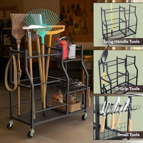 Garage Garden Tool Organizer with Wheels - Yard Tool Storage Rack with 28 Slots for Long Handles, 10 Hooks, 2 Cord Wrappers, 3 Shelves, and Locking Wheels - Shed or Garage Organization by Pure Garden - size: Large