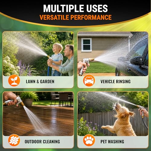 Garden Hose Nozzle Sprayer, 100% Metal High Pressure Water, 4 Spray Patterns, Leak-Proof Design, Trigger Lock for Watering Plants, Lawn Care, Car Washing, Patio Cleaning and Pet Bathing