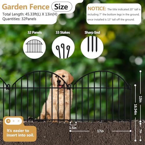 32 Panels Garden Fence, 45.33ft x 20in Animal Barrier Fences for Rabbits Dogs, Rustproof Metal Gardens Border Fencing, Arched Decorative Flower Bed Edging Barriers for Outdoor Yard Patio - size: 13in(H) x 45.33ft(L)