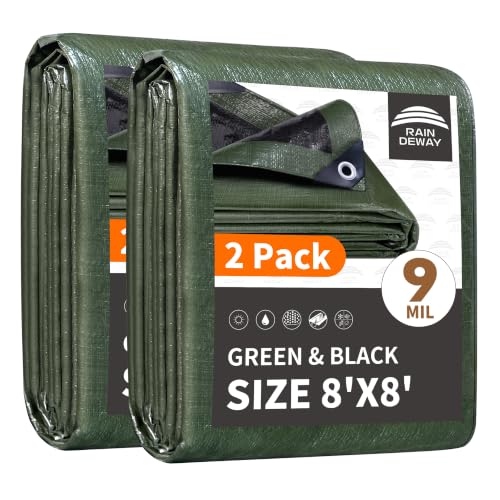 RAINDEWAY 8x8 Feet(2 Pack) Tarp Waterproof,9Mil Green/Black Tarps Cover - color: Green/Black, size: 8x8 Feet (2 Pack)-Finished size