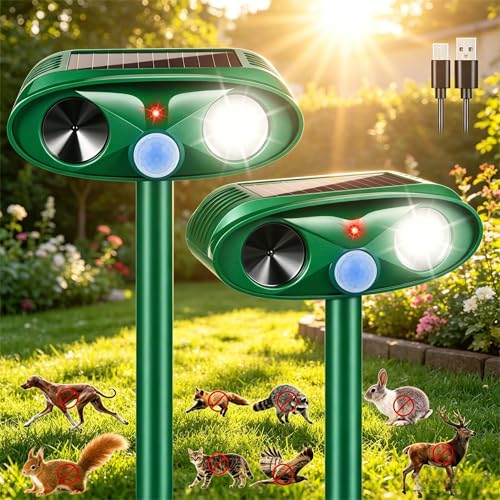 2026 Sonic Fortress Pro Deer Repellent Devices,Solar Ultrasonic Animal Repellent Outdoor with Flashing Light & USB Charging,IP65 Waterproof Sonic Repeller Deterrent for Cat,Dog,Squirrel,Rabbit,Racoon