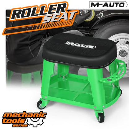 M-AUTO Heavy Duty Garage Rolling Work Seat 300LBS Capacity Mechanics Stool with Wheels, Equipment Tray and Tool Rack, Rectangle Mechanic Roll Chair, Green - color: Green
