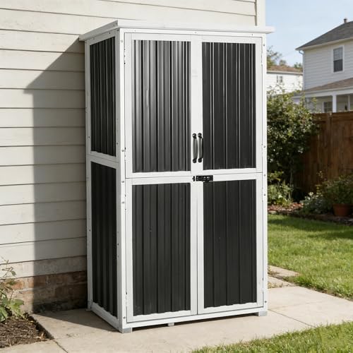 GUTINNEEN Outdoor Tool Cabinet, Heavy Duty Wood & Metal Frame Garden Storage Shed, Rustproof & Anti-Breakage for Tools & Equipment (Dark Black) - color: Dark black