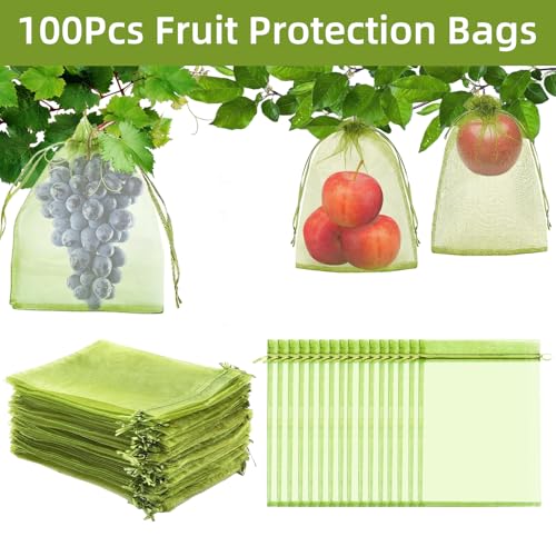 8x12 inch Fruit Protection Bags, 100PCS Green Netting Cover Fruit Mesh Drawstring Bags Protectors Pest Barrier for Fruit Tree, Tomato, Blueberry, Small Fruit Veggies Garden - size: 8x12 inch