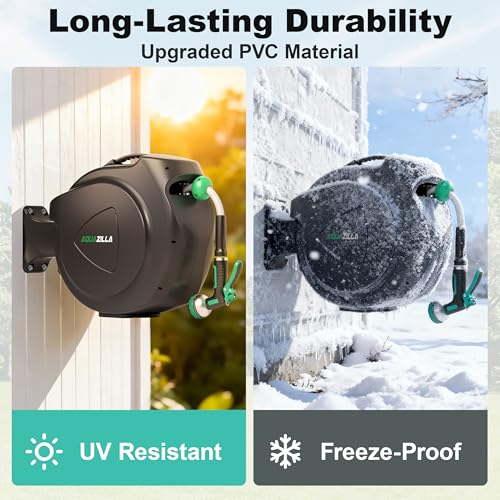 Retractable Garden Hose Reel, 65FT +6FT 5/8" Durable Wall Mounted Water Hose Reel with 180° Swivel Bracket, 9 Pattern Sprayer, 6Ft leader hose,Smooth Automatic Rewind, Any Length Lock. - size: 65Ft x 5/8"
