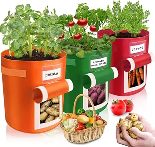 3 Pack 10 Gallon Potato Grow Bags with Handles & Harvest Window - Planting Bags for Potato,Tomat o,Vegetables,Garden Pots,Orange,Green,Red