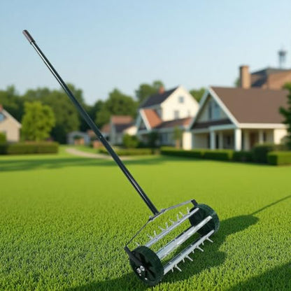 Rolling Lawn Aerator, 57" Manual Push Spike Aerator with 1.4" Rolling Spikes, Heavy Duty Lawn Aeration Tool, Galvanized Steel Soil Aerator for Garden Yard Grass, Lawn Care and Landscaping