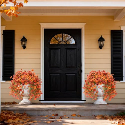 INQCMY Artificial Fall Flowers for Outdoors Faux Mums UV Resistant - color: Orange Fall Red