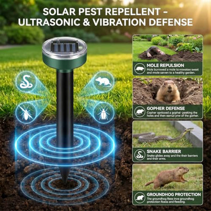 Mole Repellent 10 Pack, Solar Powered Waterproof Sonic Spikes, Outdoor Long-Lasting Snake Chaser Stakes, Get Rid of Groundhog Chipmunk Vole for Lawns, Garden, Farm & Yard
