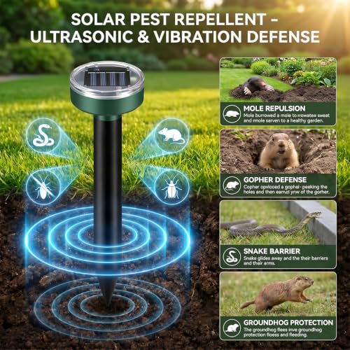 Mole Repellent 10 Pack, Solar Powered Waterproof Sonic Spikes, Outdoor Long-Lasting Snake Chaser Stakes, Get Rid of Groundhog Chipmunk Vole for Lawns, Garden, Farm & Yard