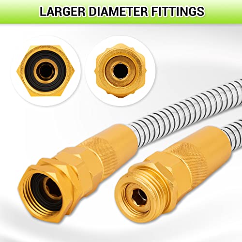 Garden Hose Metal 50FT – Heavy Duty 304 Stainless Steel Water Hose with 8-Pattern Nozzle, Lightweight, Flexible, Puncture Proof, Kink-Free, High Pressure, Solid Metal Fittings for Yard, Outdoors, RV - size: 50FT