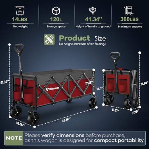 HIKEMOON 34'' Extra Long Folding Portable Wagon, 120L 360LBS Red & Grey - color: Red & Grey