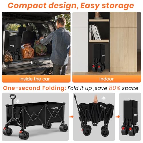Beach Wagon Carts Foldable 570LBS Collapsible Wagon with Big All-Terrain Wheels for Sand 330L Heavy Duty Utility Carts with Cup Holders for Garden, Camping, Grocery, Black