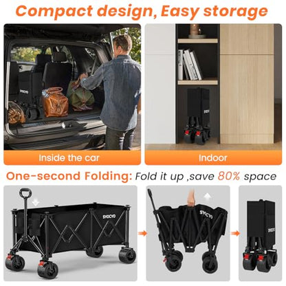 Beach Wagon Carts Foldable 570LBS Collapsible Wagon with Big All-Terrain Wheels for Sand 330L Heavy Duty Utility Carts with Cup Holders for Garden, Camping, Grocery, Black