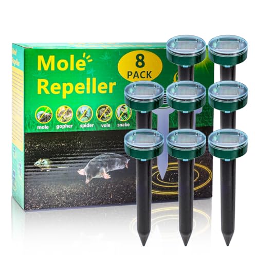 8PK new Green Mole Repellent for lawns Gopher Repellent Ultrasonic Solar Powered Snake Repellent Deterrent Mole Repeller Vole Repellent Outdoor Lawns Garden Yard All Pests Sonic Spikes Stakes Chaser