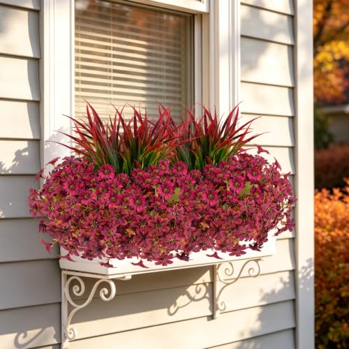 18PCS Artificial Fall Flowers Outdoors, UV Resistant Fake Mums with Grass - color: Burgundy Daisies & Violets & Grass