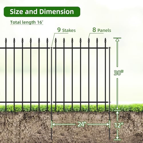 Decorative Metal Garden Fence 30" x 16', Outdoor Fence Border with Stakes - size: 30″H x 16ft（8 Panels）