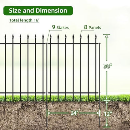 Decorative Metal Garden Fence 30" x 16', Outdoor Fence Border with Stakes - size: 30″H x 16ft（8 Panels）