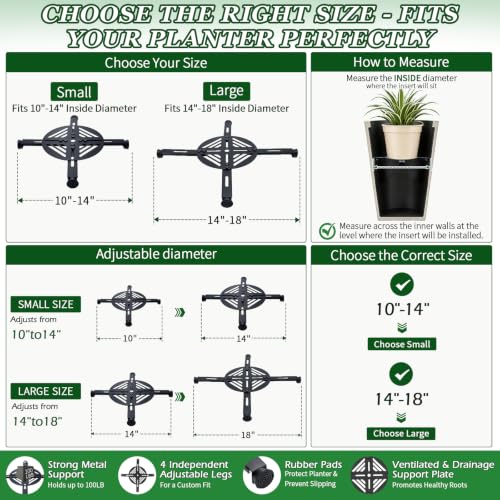 Adjustable Heavy Duty Metal Plant Risers , Fit Round Square Tapered Pots - size: Adjustable Size Range:14-18"- 2Pack