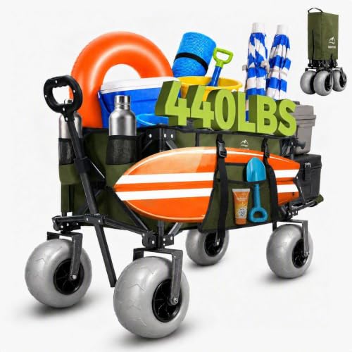 Beach Wagon with Extended Tailgate, 9" Big Sand-Proof Balloon Wheels, Heavy Duty 200L Oversized Foldable Beach Cart, 440LBS Utility Wagon with Side Pocket for Sand,Camping,Vacation - color: Green