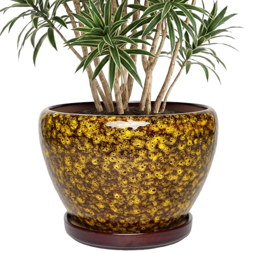 10.6 Inch Ceramic Planter with Saucer for Indoor Outdoor Plants - color: Speckled Yellow, size: 10.6 Inch