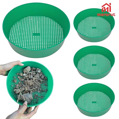 4pcs Sifter for Rocks, Sifting Pan, Fossil Soil Sieves Screen for Gardening, Fine Classifier Compost Strainer, Round Plastic Riddle Work Tray Small Set for Dirt Sand Mealworm Casting Gravel, Green