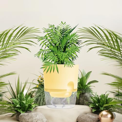 ZXJ 5.5 Inch Self Watering Planter Pots for Indoor Plants - African Violet Pots with Wick Rope - Yellow