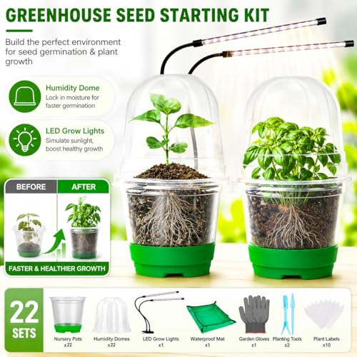 59Pcs Clear Nursery Pots Kits with Grow Light Includes 22 Pack 4'' Seed Starter Pots with Silicone Base & Lids, Clear Plant Pots for Propagation, Seedling Pots Kit with Drainage, Labels, Repotting Mat - size: 4 Inch