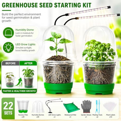 59Pcs Clear Nursery Pots Kits with Grow Light Includes 22 Pack 4'' Seed Starter Pots with Silicone Base & Lids, Clear Plant Pots for Propagation, Seedling Pots Kit with Drainage, Labels, Repotting Mat - size: 4 Inch