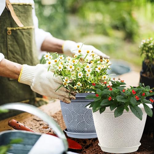 Fodetyff 8 Inch Flower Pots Planters for Indoor Outdoor Plants, 4 Pack Plastic Small Plant Pots with Drainage Hole & Tray, Modern Decorative Garden Pot with Saucer, Plant Container for House - color: Blue, size: 8 inch-4 pack