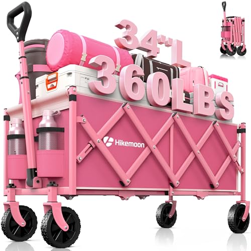 HIKEMOON 34'' Extra Long Folding Portable Wagon Cart, 120L 360LBS Pink - color: Pink