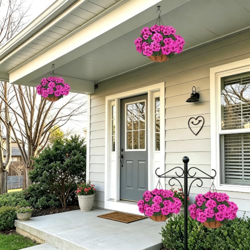2 Set Artificial Hanging Flowers with Basket for Outdoor Decor - color: Pink Geranium